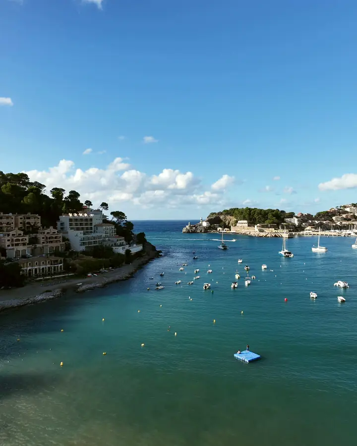 Bahía con barcos fondeados vista desde el dron